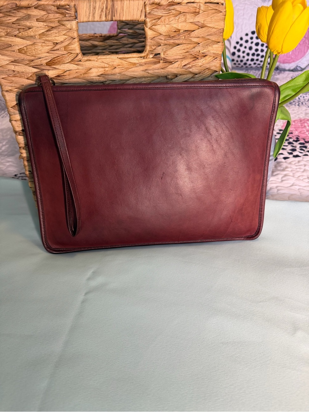 Vintage 70s COACH NYC Large Slim Clutch Portfolio, Burgandy 9555 w/Wrist Strap